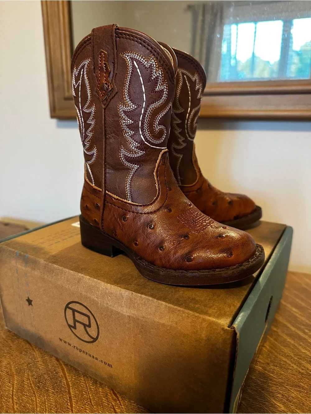 Roper Kids Chestnut Brown Ostrich Cowboy Boots